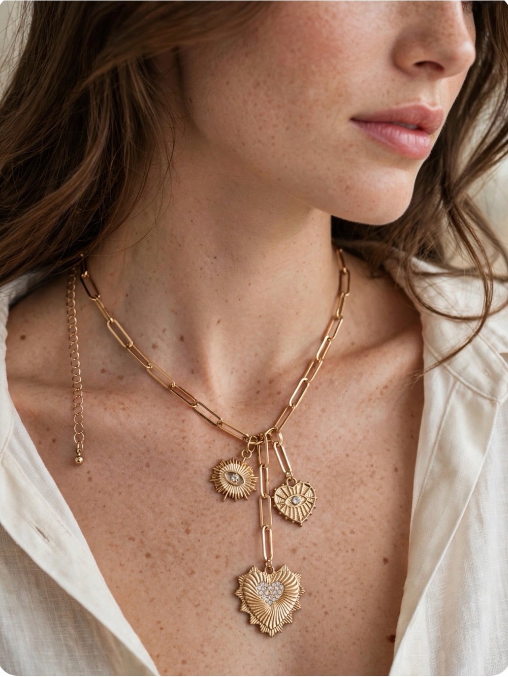 Lily Luxe Y-Drop Necklace | Gold-Tone Paperclip Chain with Evil Eye & Crystal He
